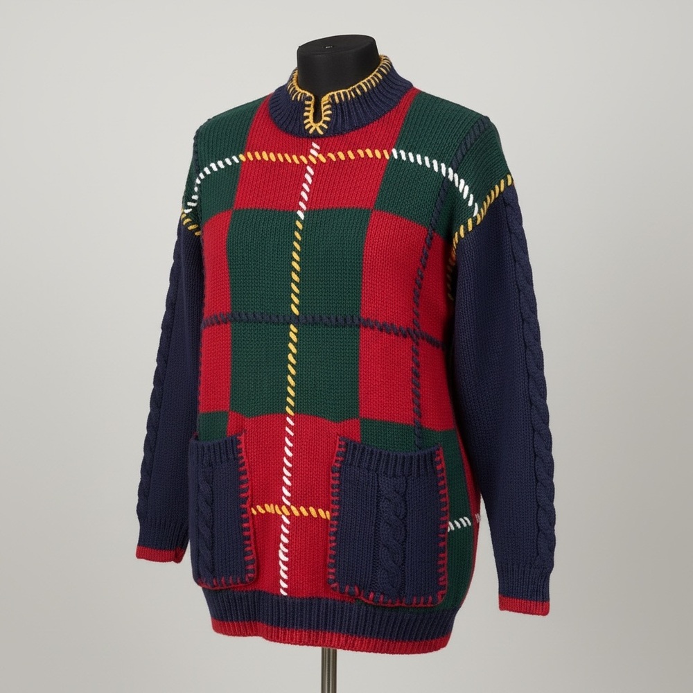 NorthEast Knitters Patch work style Sweater front pockets mock neck cotton blend